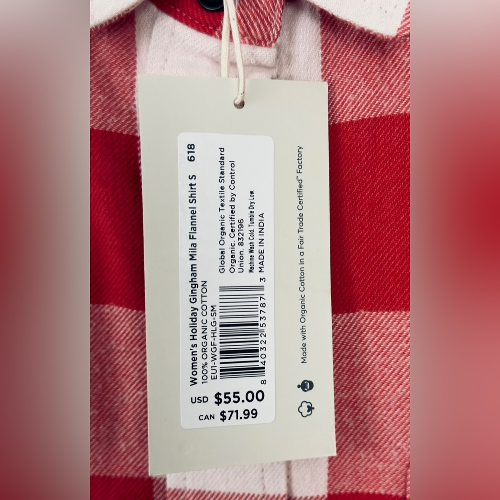 Pact Woman’s Gingham Red & White organic Cotton Mila Button Up Flannel Shirt NWT - Picture 5 of 9